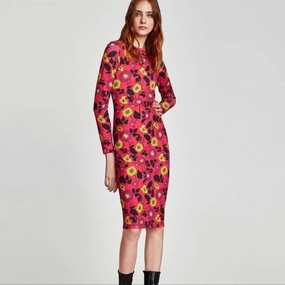 Zara Floral Midi Long Sleeve Bodycon Dress Dress Size Medium